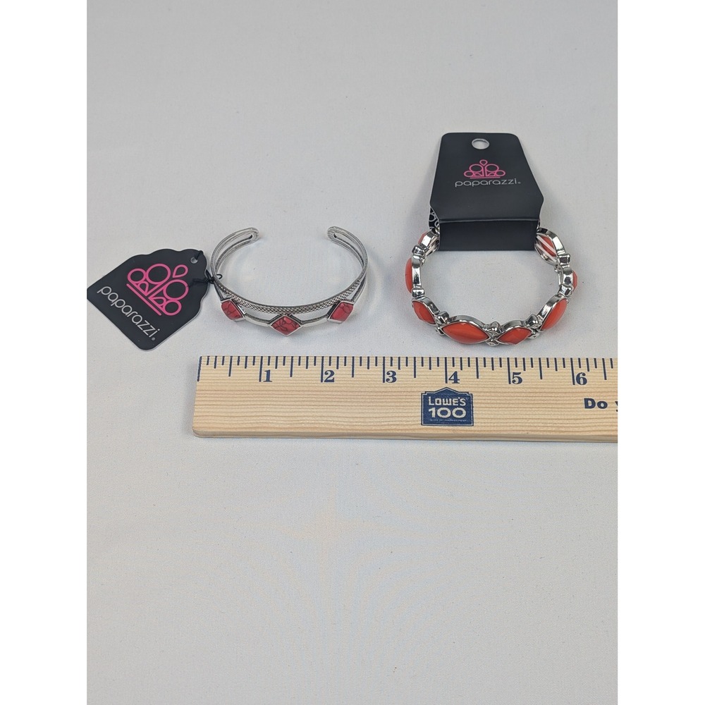 Paparazzi Bracelet Set Silver Tone Red Faux Stone Cuff and Orange Stretch Beaded